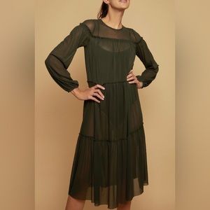 ZARA Dark Sage Long Sleeve Sheer Midi Dress